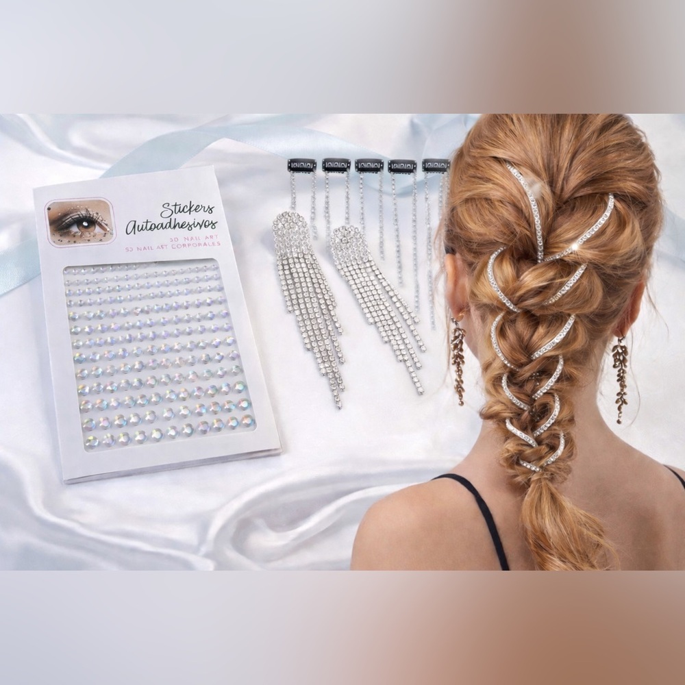 Beauty Hair Diamond strings with Clips 6 Pc 1-Pair earrings & Face Rhinestones